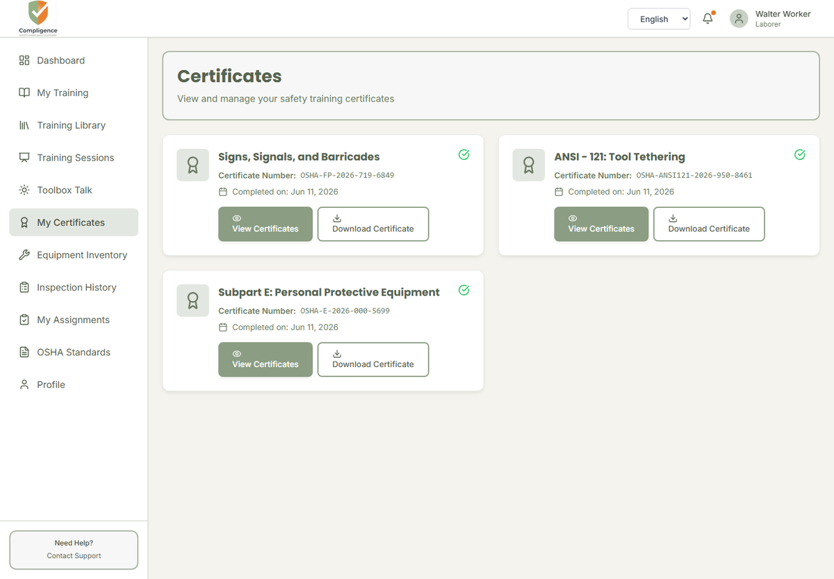Compligence certificates page showing a worker's earned training certificates with certificate numbers, completion dates, and download options