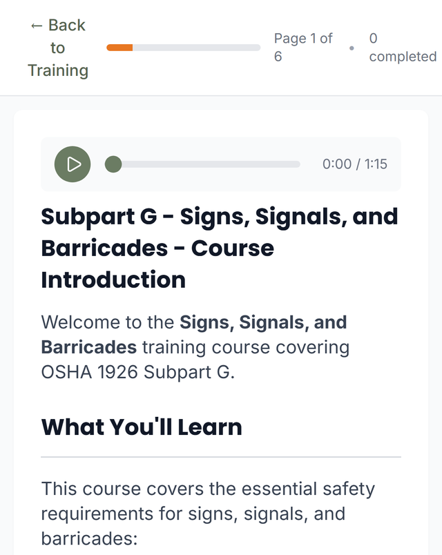 Compligence training course playing on a phone with audio narration and page progress
