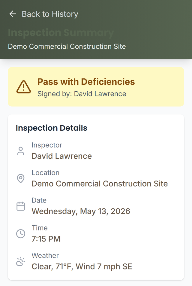 Mobile inspection summary on a phone showing a signed jobsite inspection with inspector, date, time, and weather details