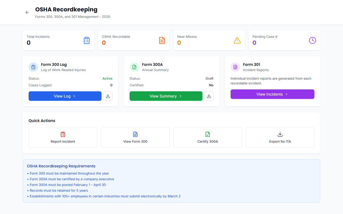OSHA recordkeeping dashboard with Forms 300, 300A, and 301 management, quick actions, and export